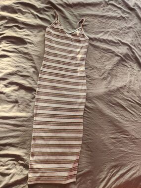 Papaya Cream Midi Slip Dress with Pink & Tan Stripes